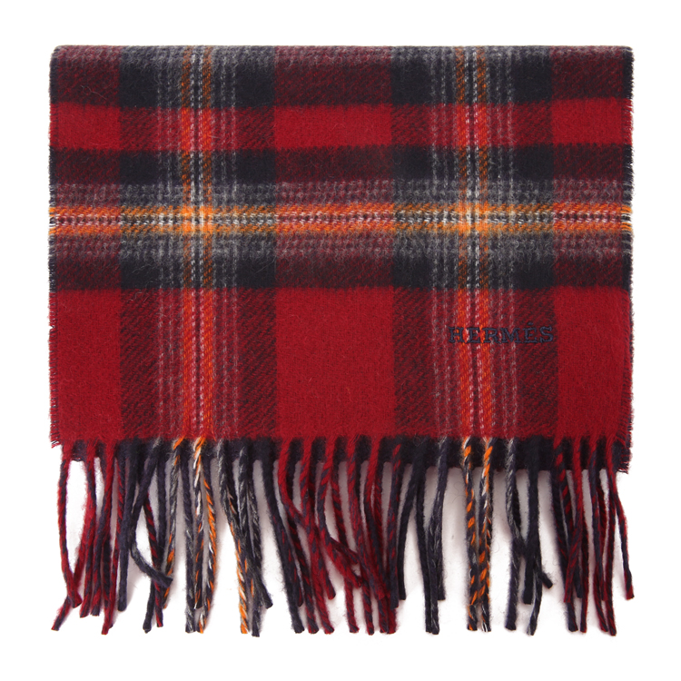 hermes(爱马仕) 枣红色格子羊绒围巾25×150cm