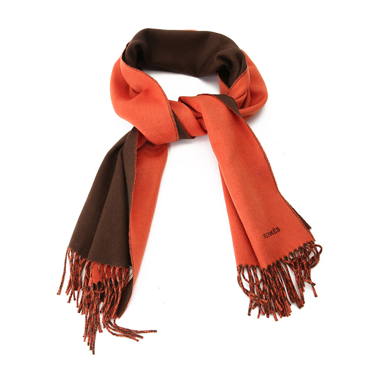hermes(爱马仕) unie brodee系列棕色/橘色双面羊绒围巾