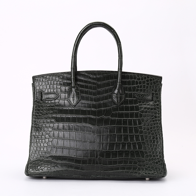 hermes(爱马仕) 深绿色倒v鳄鱼皮银扣手提包 birkin30【上海极速达】