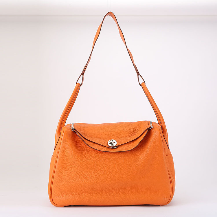 hermes(爱马仕) 经典款lindy系列女士橘色皮质手提包