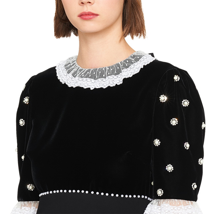 miumiu/缪缪 黑色 女士evening仿水晶珍珠饰蕾丝领连衣裙 mf3577_1v7m