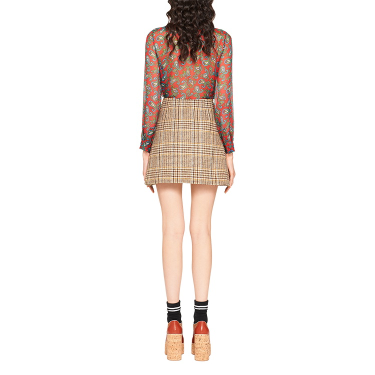 miumiu/缪缪 棕色 女士花朵刺绣装饰苏格兰格纹半身裙 mg1358_1v7s_f0