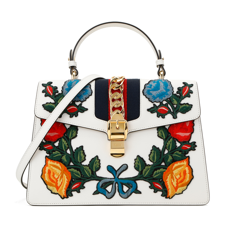 gucci(古驰) #经典款sylvie系列米白色皮质花朵刺绣女士两用包(内购