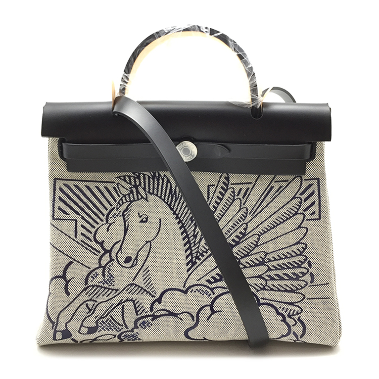 限量爆款herbag31系列中性灰色帆布"波普飞马"涂层黑色配皮两用包