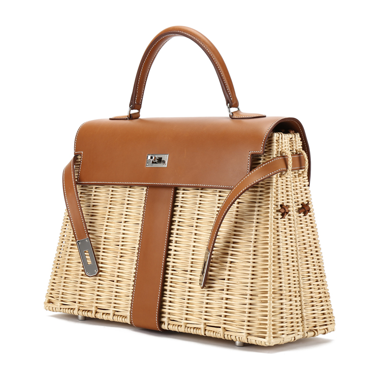 hermes(爱马仕) 大号编织金棕色配皮野餐包