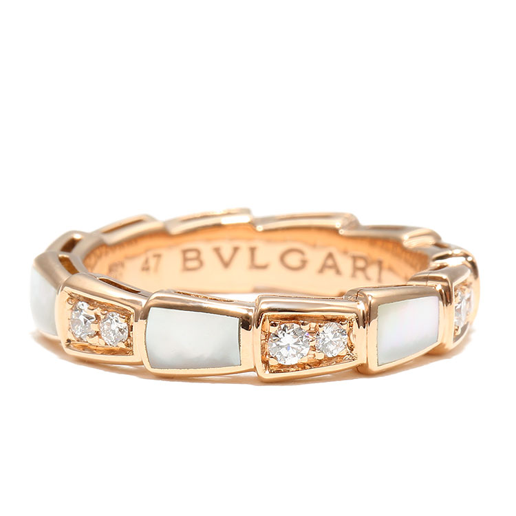 bvlgari(宝格丽) serpenti viper系列18k金镶钻/白贝母蛇骨戒指56