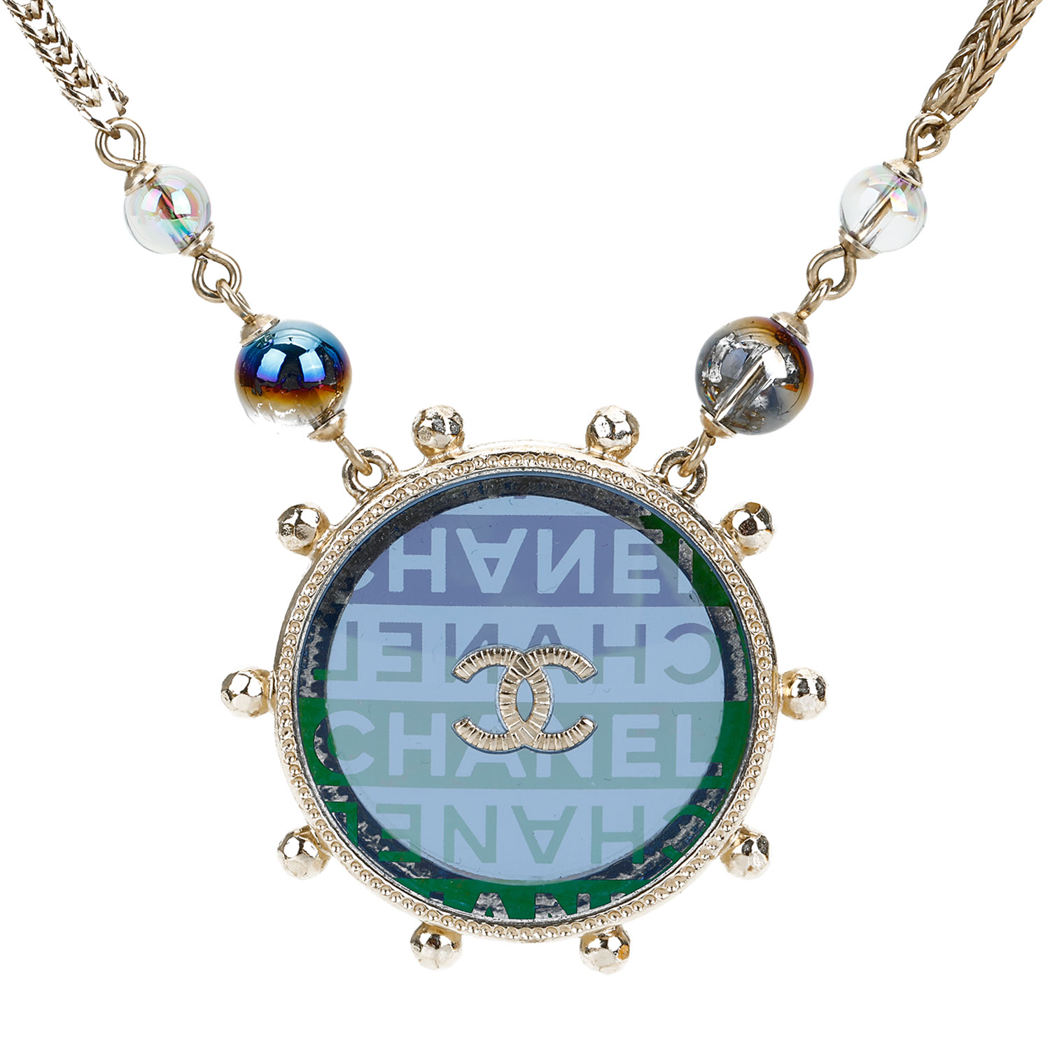 chanel(香奈儿) 浅金色双c蓝色圆形吊坠项链