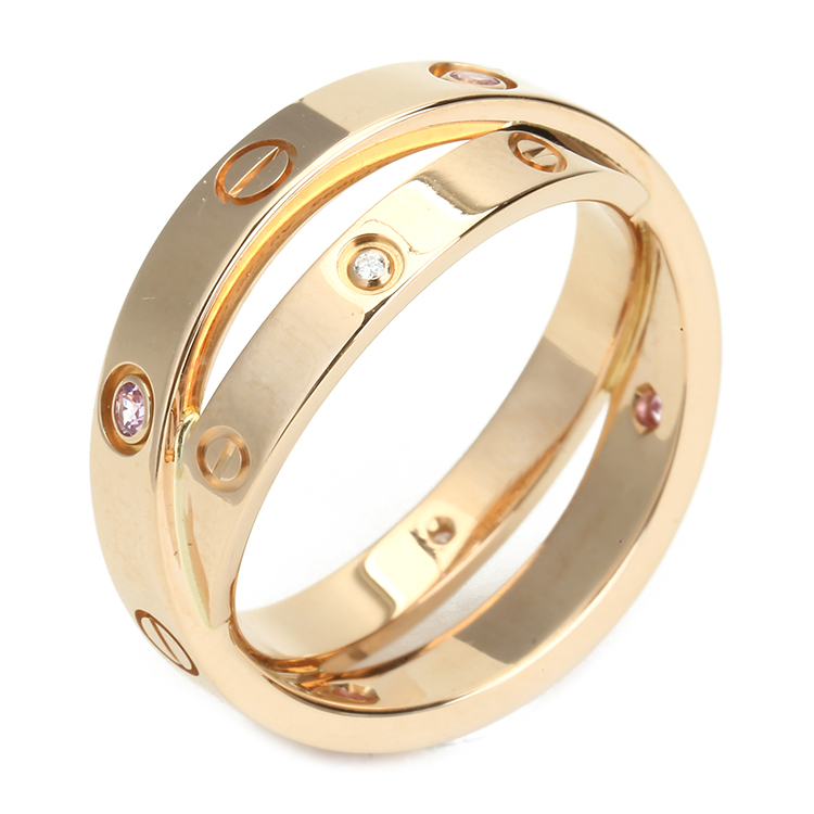 cartier(卡地亚) love系列18k金双环镶钻/粉蓝宝戒指57