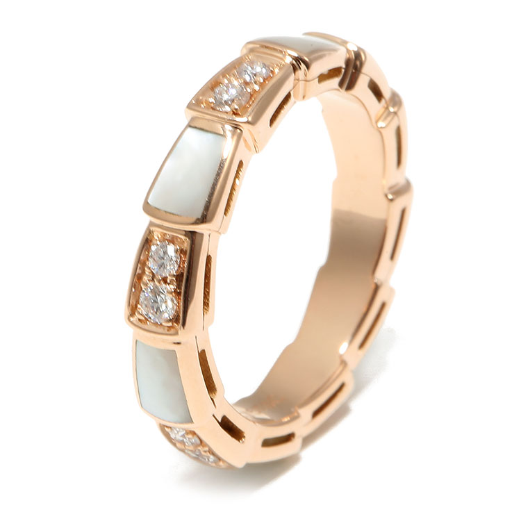 bvlgari(宝格丽) serpenti viper系列18k金镶钻/白贝母蛇骨戒指53