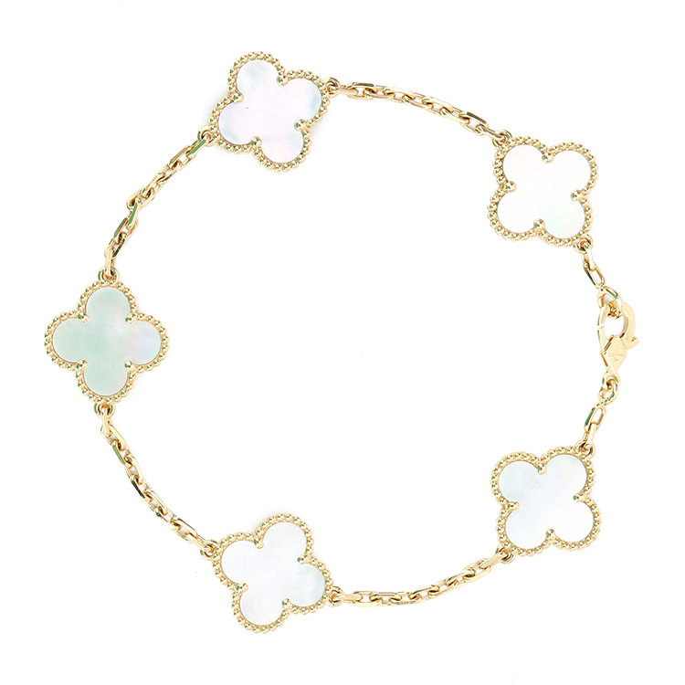 arpels(梵克雅宝) #vintage alhambra系列18k金白贝母五花四叶草手链