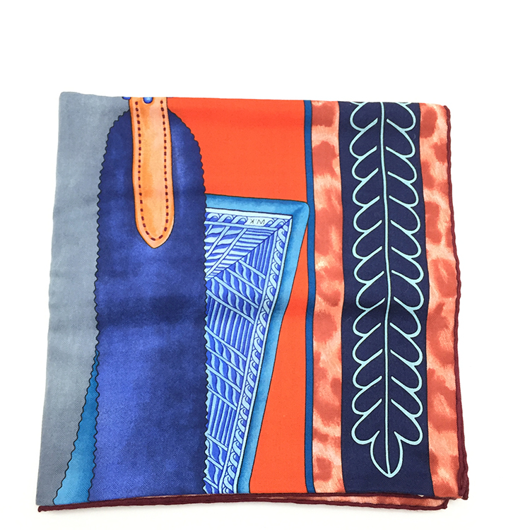 hermes(爱马仕) 蓝/橘色系印花羊绒围巾140