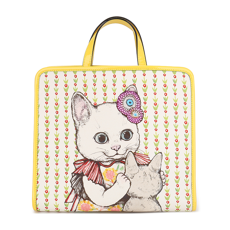 gucci(古驰) 乌木色pvc黄色配皮猫咪图案手提包