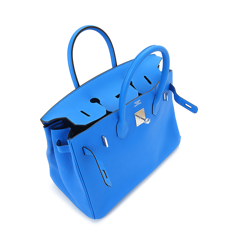 hermes(爱马仕) 经典款birkin 35系列女士蓝色皮质银色扣手提包