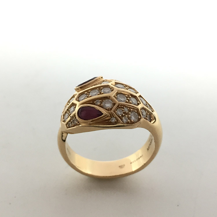 bvlgari(宝格丽) serpenti系列18k金蛇形镶钻/碧玺戒指55