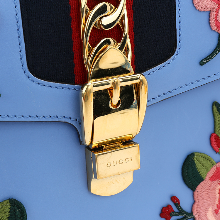 gucci(古驰) #蓝色皮质绣花装饰手提包