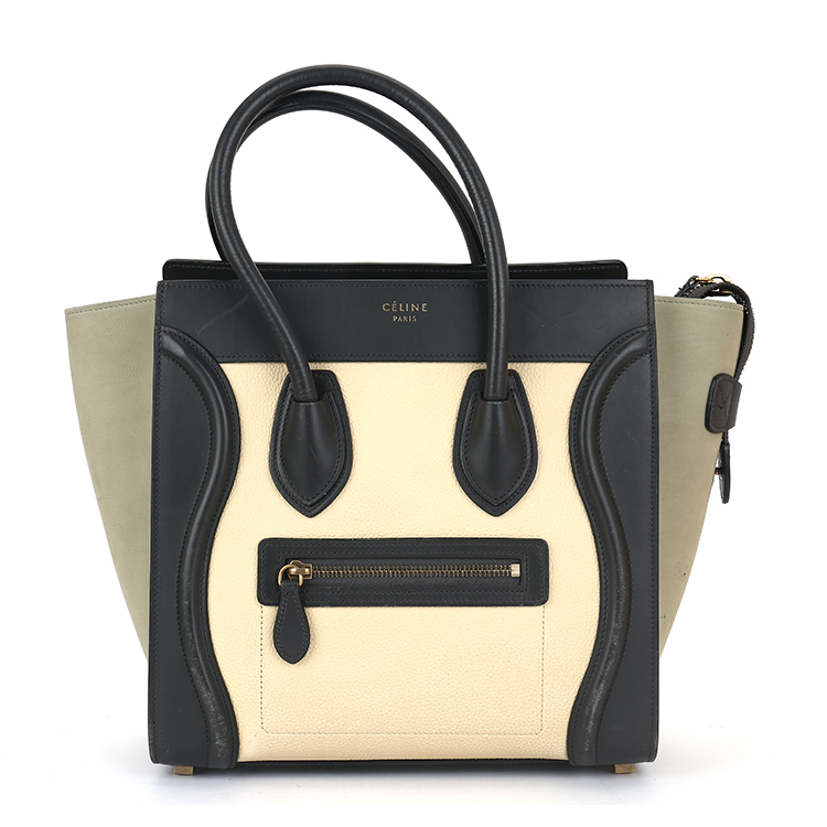 celine(赛琳) 经典款luggage系列黑/绿/米拼色皮质笑脸手提包