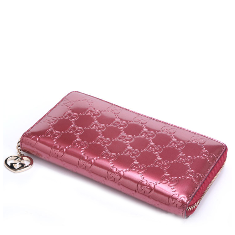 gucci/古驰女士经典logo纹理牛皮亮面长款拉链钱包308005