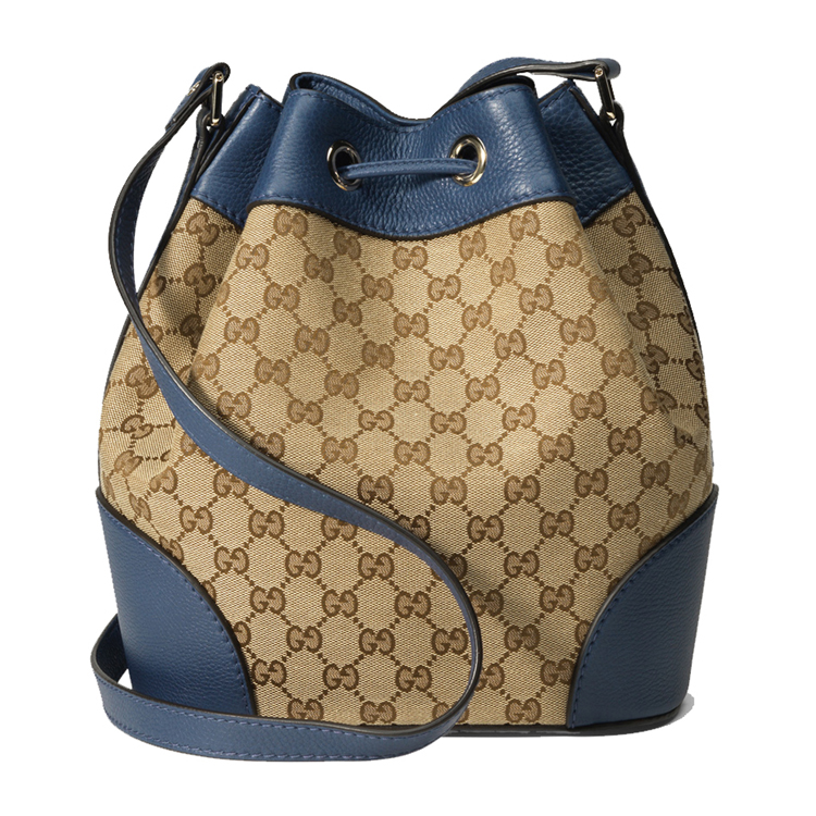gucci/古驰女士经典双g印花织物配蓝色皮水桶包单肩包388703 kqw1g