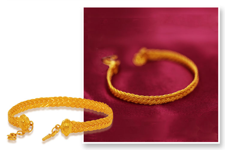 999黄金足金24k精工扭花麻花编织金丝玉缕 古典素挂扣手镯 16