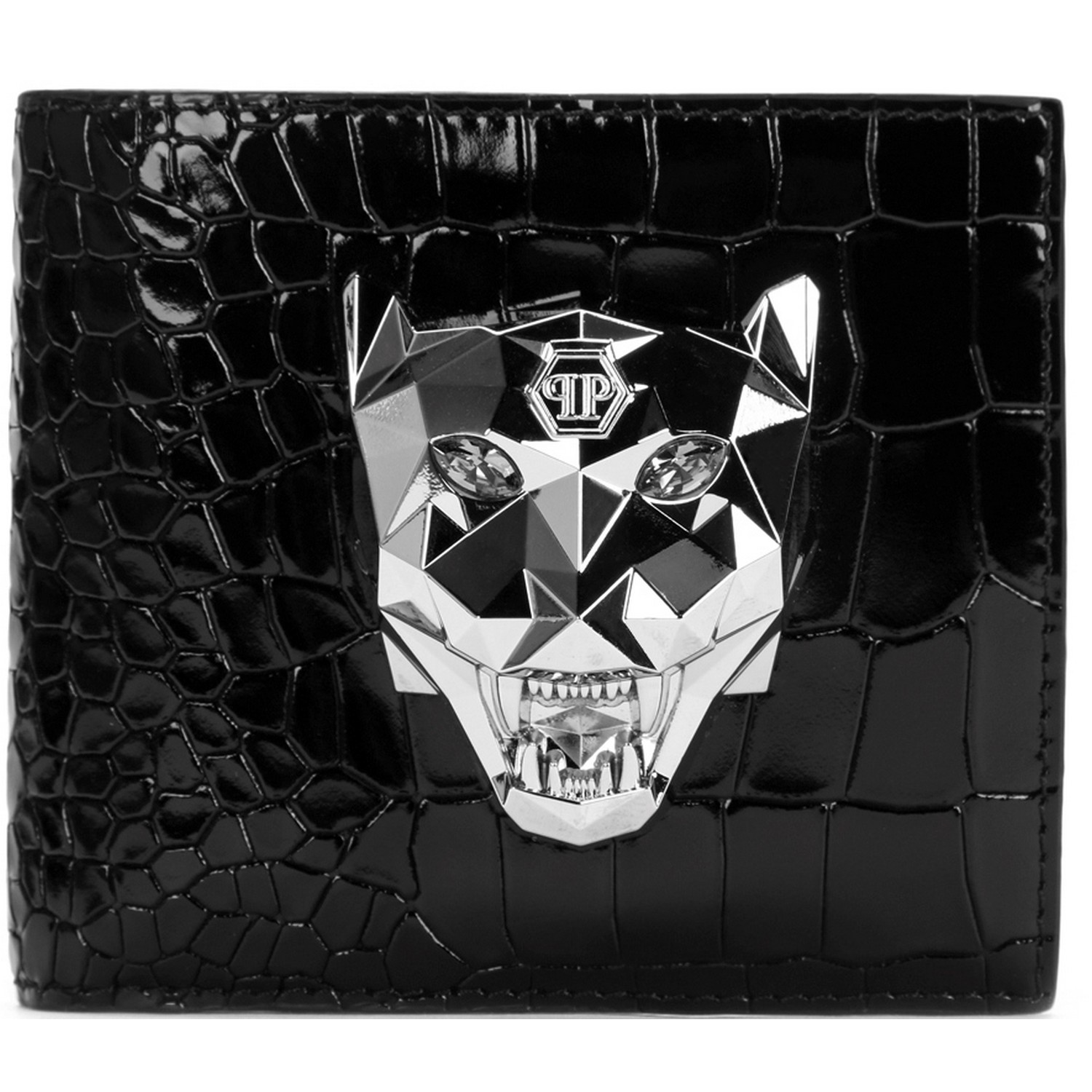 【包税】philipp plein/菲利普·普兰 鳄鱼皮效果银色黑豹钱包 p13am