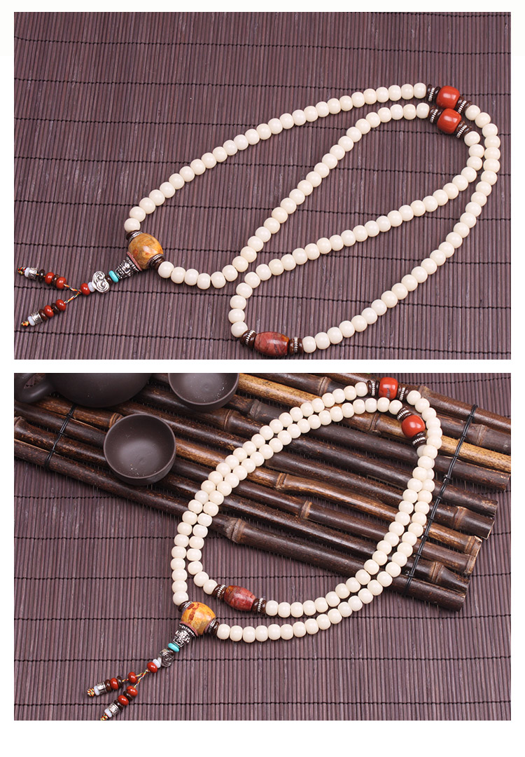 精选天然白玉菩提配红松石顶珠 藏红石腰珠 玉化珊瑚石佛头三通108颗