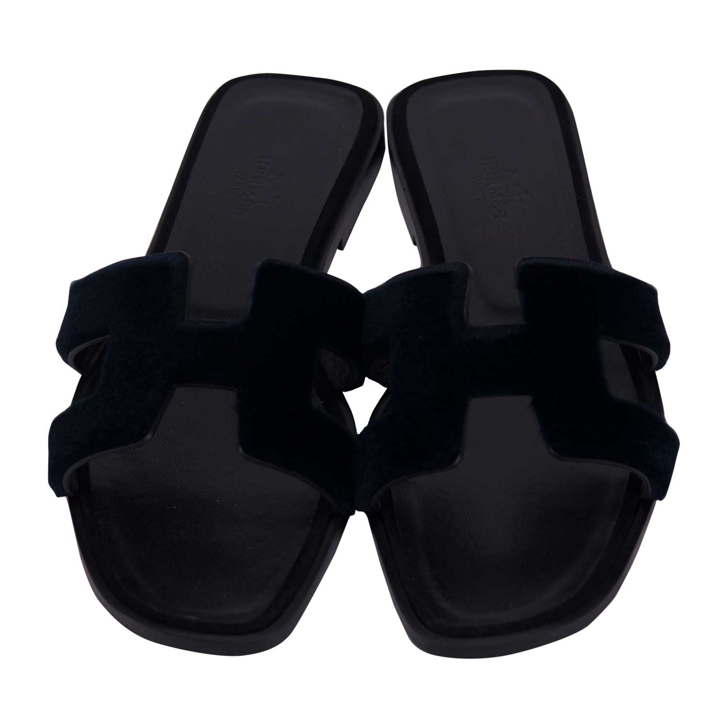 hermes(爱马仕) 黑色皮质毛绒面h拖鞋