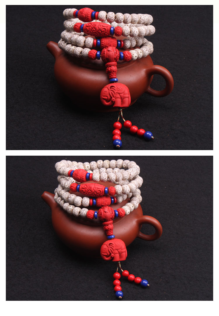 a 星月菩提配朱砂顶珠 朱砂腰珠 朱砂佛头三通 朱砂小象背云108颗手串