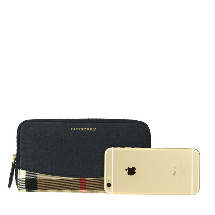 burberry/博柏利 女士长款格纹织物/小牛皮拉链钱夹钱包 3992895 墨