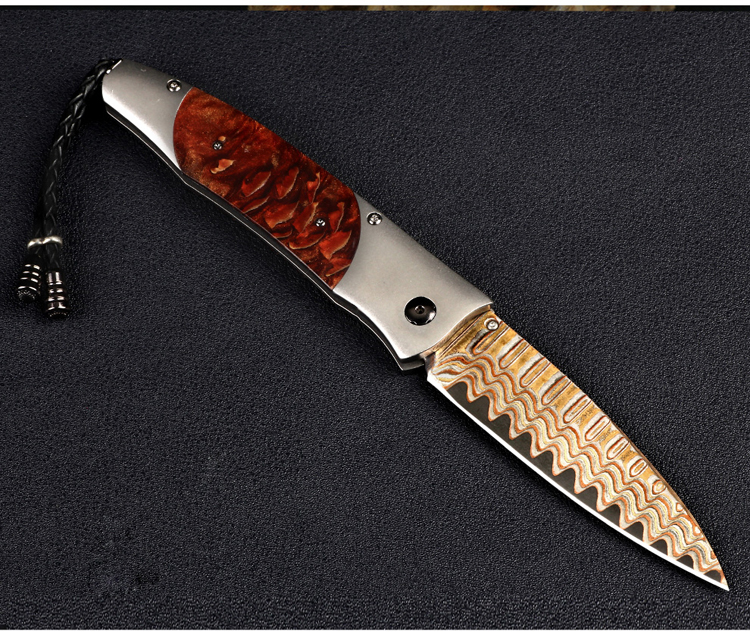 william henry威廉亨利 嵌针叶树木 茶晶宝石 纯手工大马士革钢折刀
