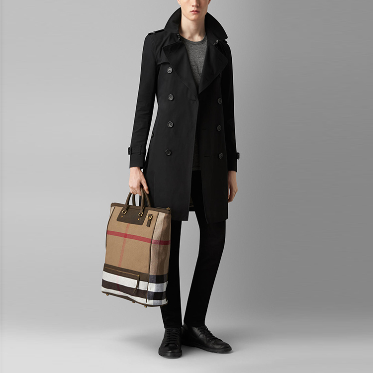 burberry/博柏利 男士大号 canvas 格纹皮革托特包