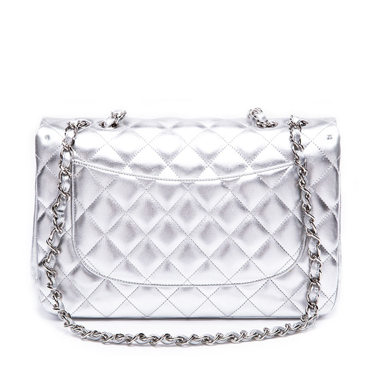 chanel/香奈儿 银色牛皮菱格链条女士单肩包 17713718