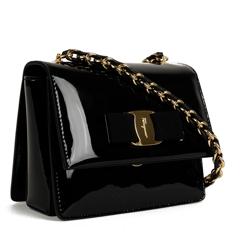 【包邮包税】salvatore ferragamo/菲拉格慕女士黑色经典蝴蝶结真皮斜