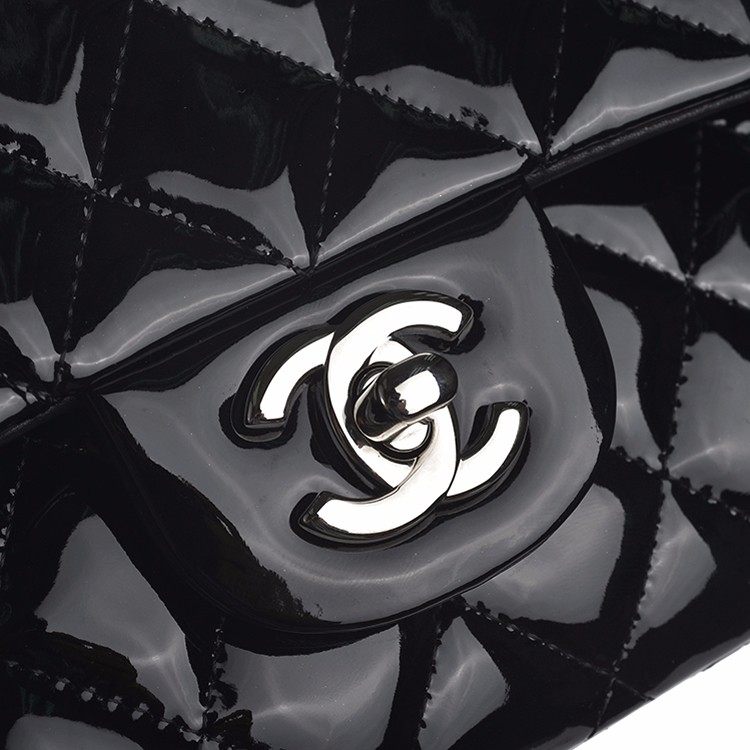 chanel/香奈儿 女士黑色漆皮菱格链条单肩包ml