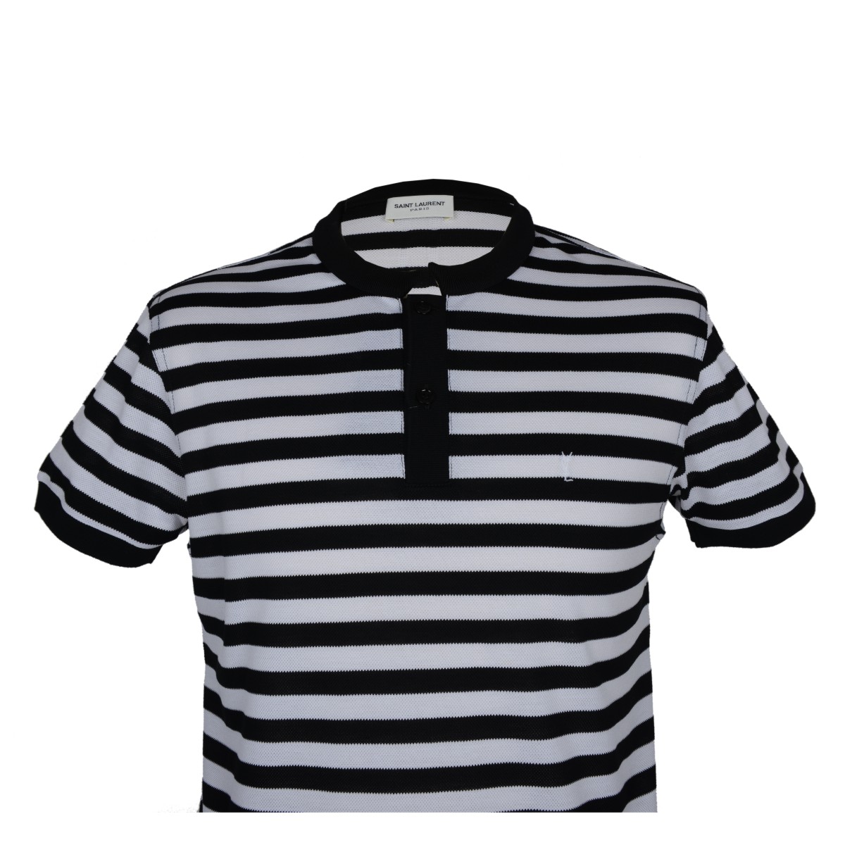 yves saint laurent/圣罗兰 男士t恤黑白色条纹两粒纽扣前襟男士短袖