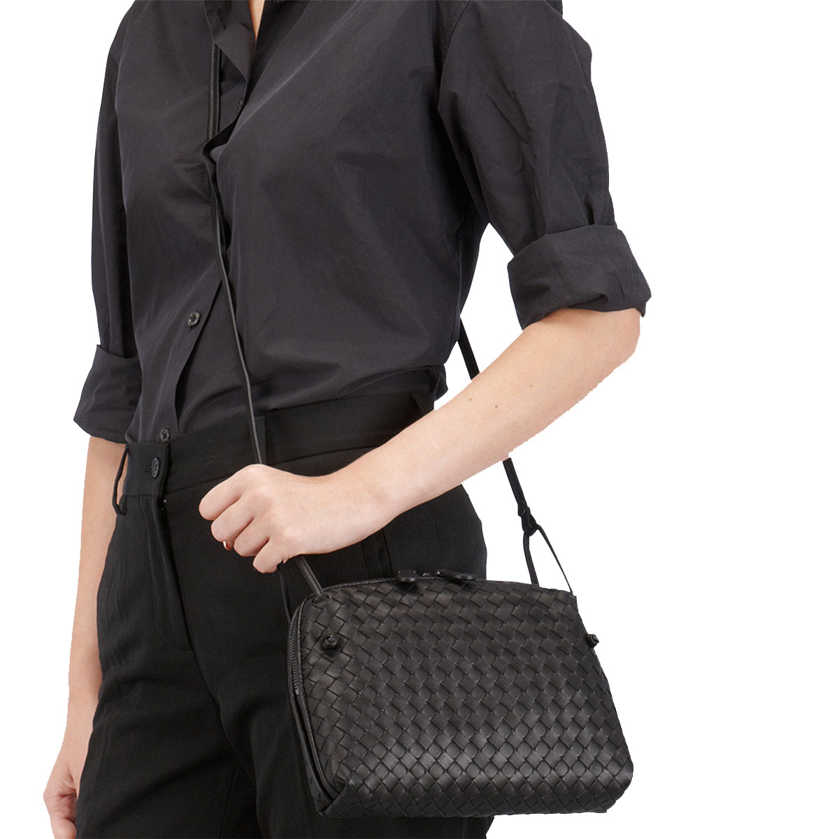 bottega veneta/葆蝶家黑色编织小羊皮斜挎包