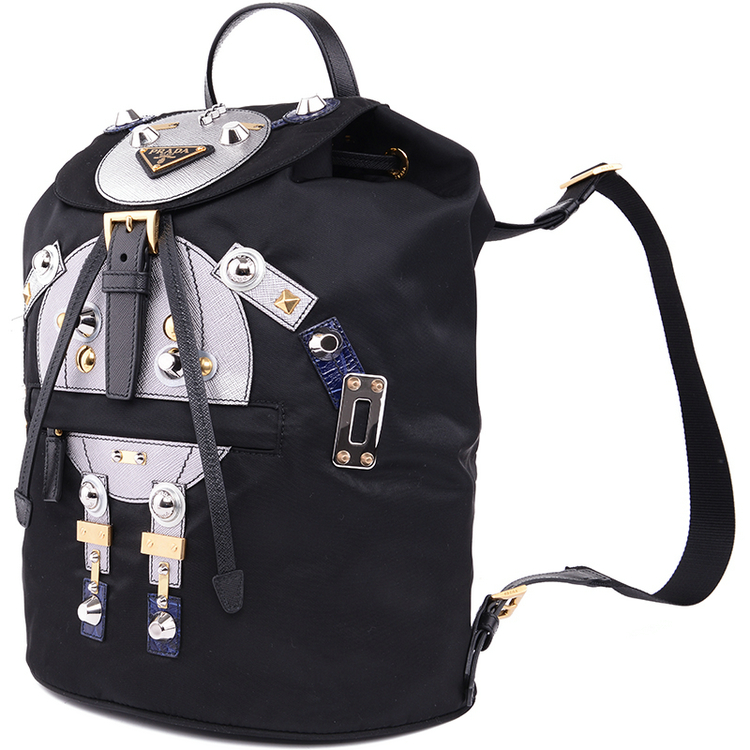 prada/普拉达女士黑色尼龙机器人贴饰双肩背包1bz032 elt