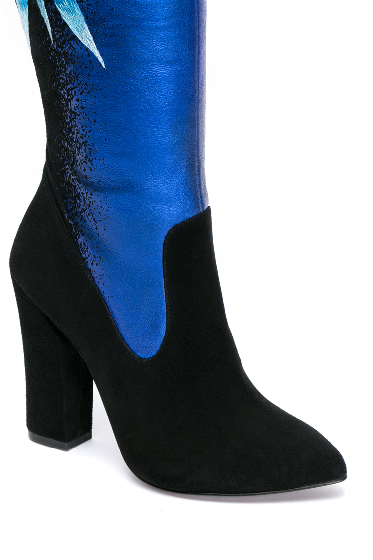 cici cheung/熙上"瓷说"中国丝绸博物馆收藏款进口羊猄皮蓝色女士靴子