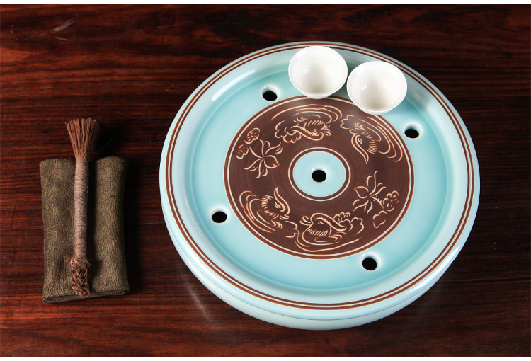 zx/正尔玉 茶具 瓷器 龙泉青瓷 艺术品 弟窑粉青手工刻花鸳鸯茶盘