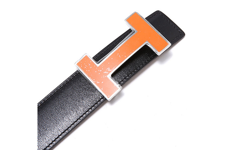 hermes爱马仕桔色珐琅h扣棕黑色双面牛皮男士腰带95
