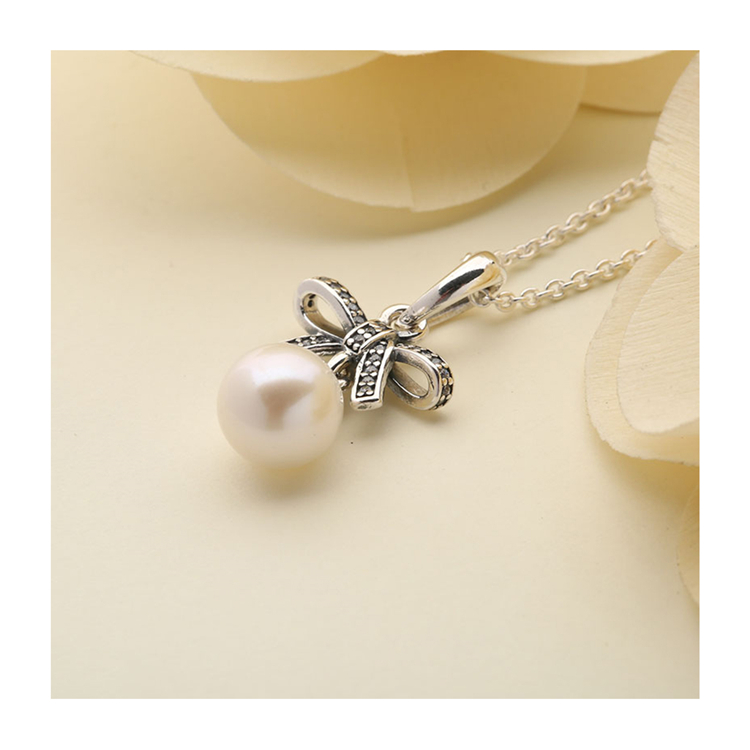 pandora/潘多拉 蝴蝶结珍珠项链 银色 390380p-70