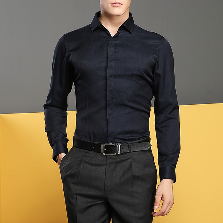 autason/奥德臣男士衬衫深蓝色丝棉长袖衬衫