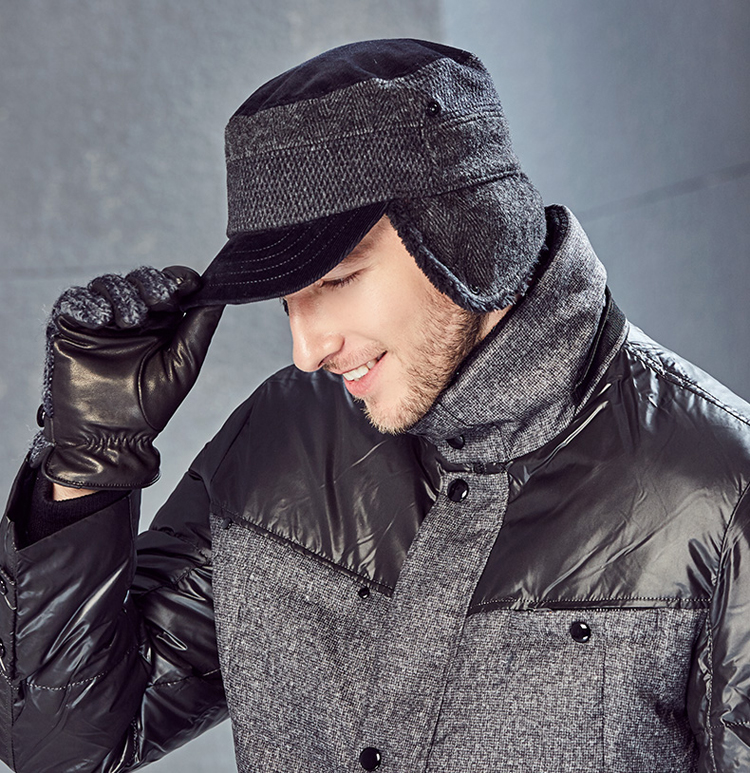 kenmont/卡蒙帽子中老年平顶帽子男冬季保暖防寒帽子护耳帽男毛呢双层