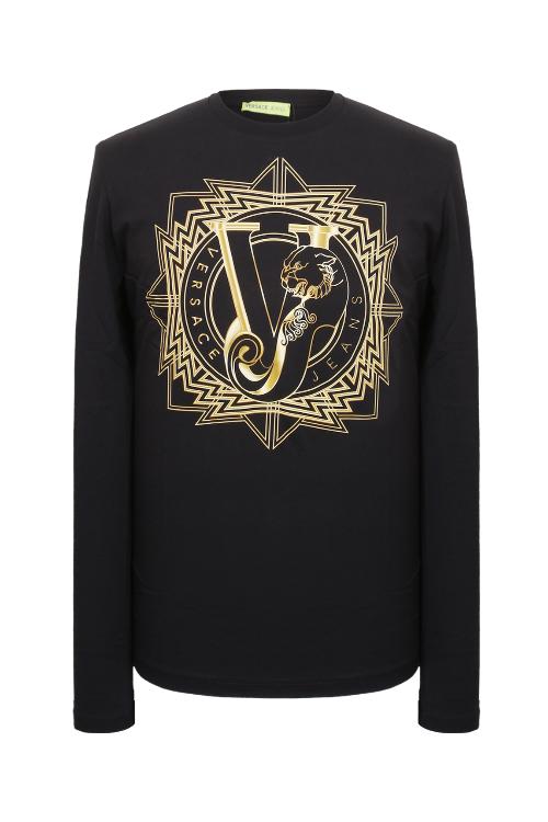 versace jeans/范思哲牛仔 16年秋冬款黑色圆领纯棉vj图案长袖男士t恤