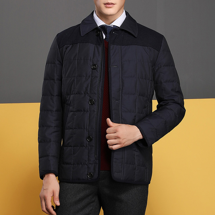 autason/奥德臣男士外套藏青色翻领纽扣中款羽绒服