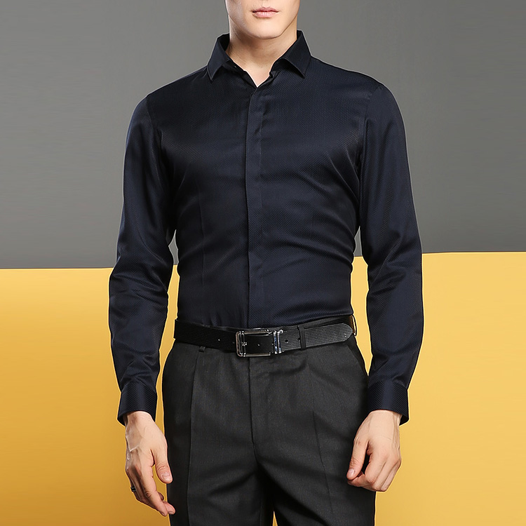 autason/奥德臣男士衬衫深蓝色丝棉长袖衬衫