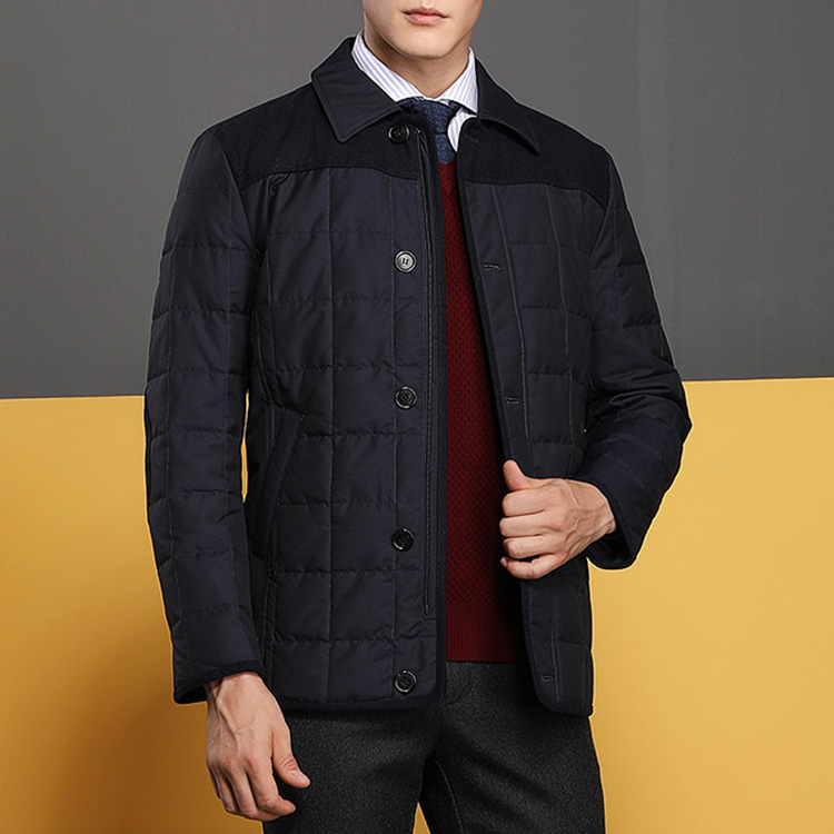 autason/奥德臣男士外套藏青色翻领纽扣中款羽绒服