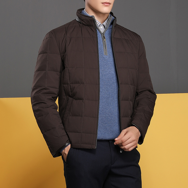 autason/奥德臣男士外套深咖色立领拉链短款羽绒服