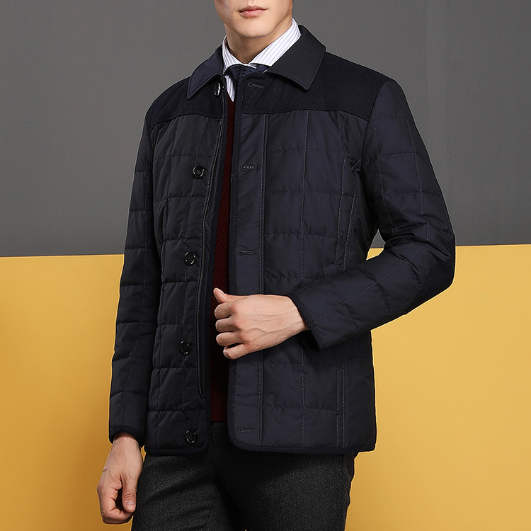 autason/奥德臣男士外套藏青色翻领纽扣中款羽绒服