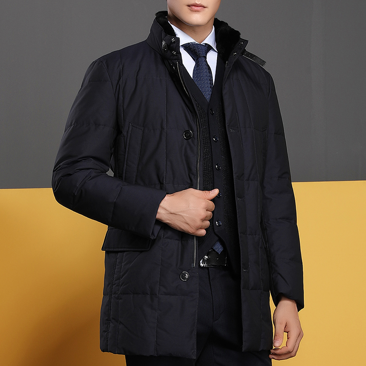 autason/奥德臣男士外套蓝色立领盖牌拉链中长款羽绒服