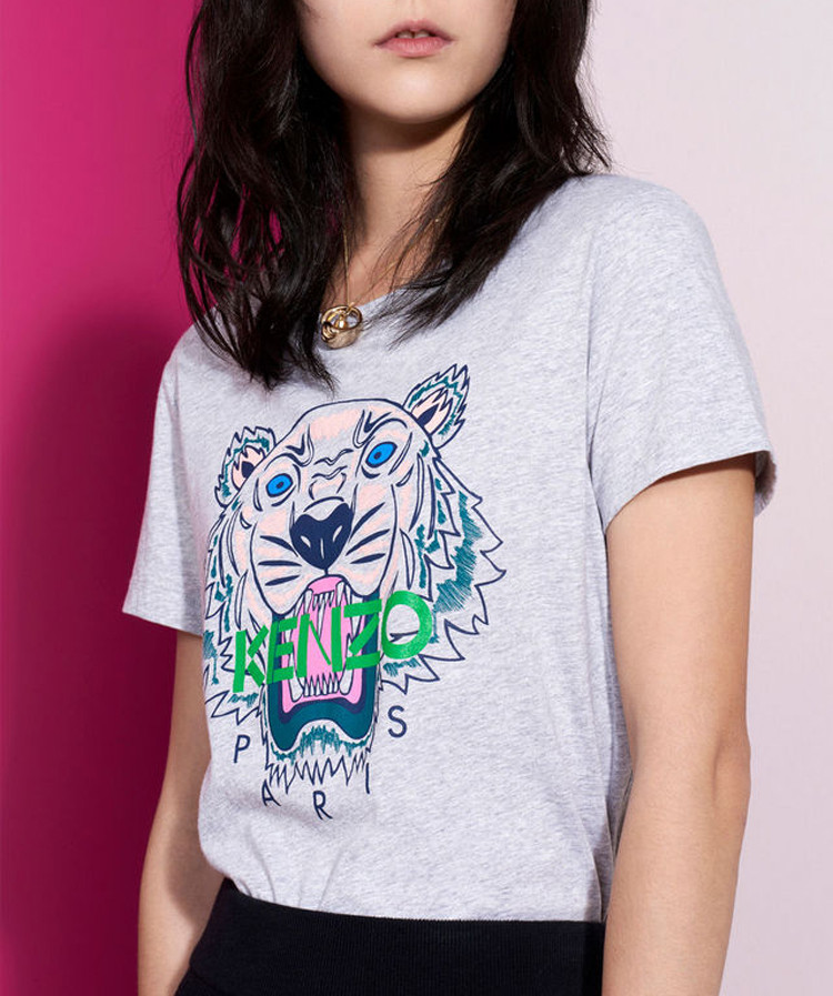 kenzo/高田贤三 女士纯棉虎头图案圆领灰色短袖t恤 【161203】